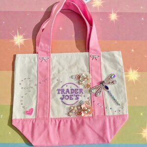 NWT Custom Rhinestone Embellished Pink Mini Trader Joe's Canvas Tote Bag
